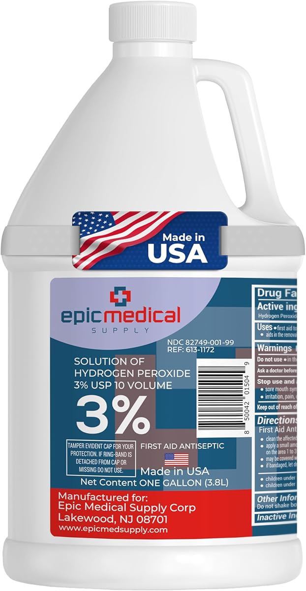 Epic Medical Supply 3% Hydrogen Peroxide - First Aid Antiseptic & Multipurpose Cleaner - Topical Wash for Cuts, Scrapes and Minor Cuts - H2O2 Hydrogen Peroxide 3 Percent USP Solution (1 Gallon)