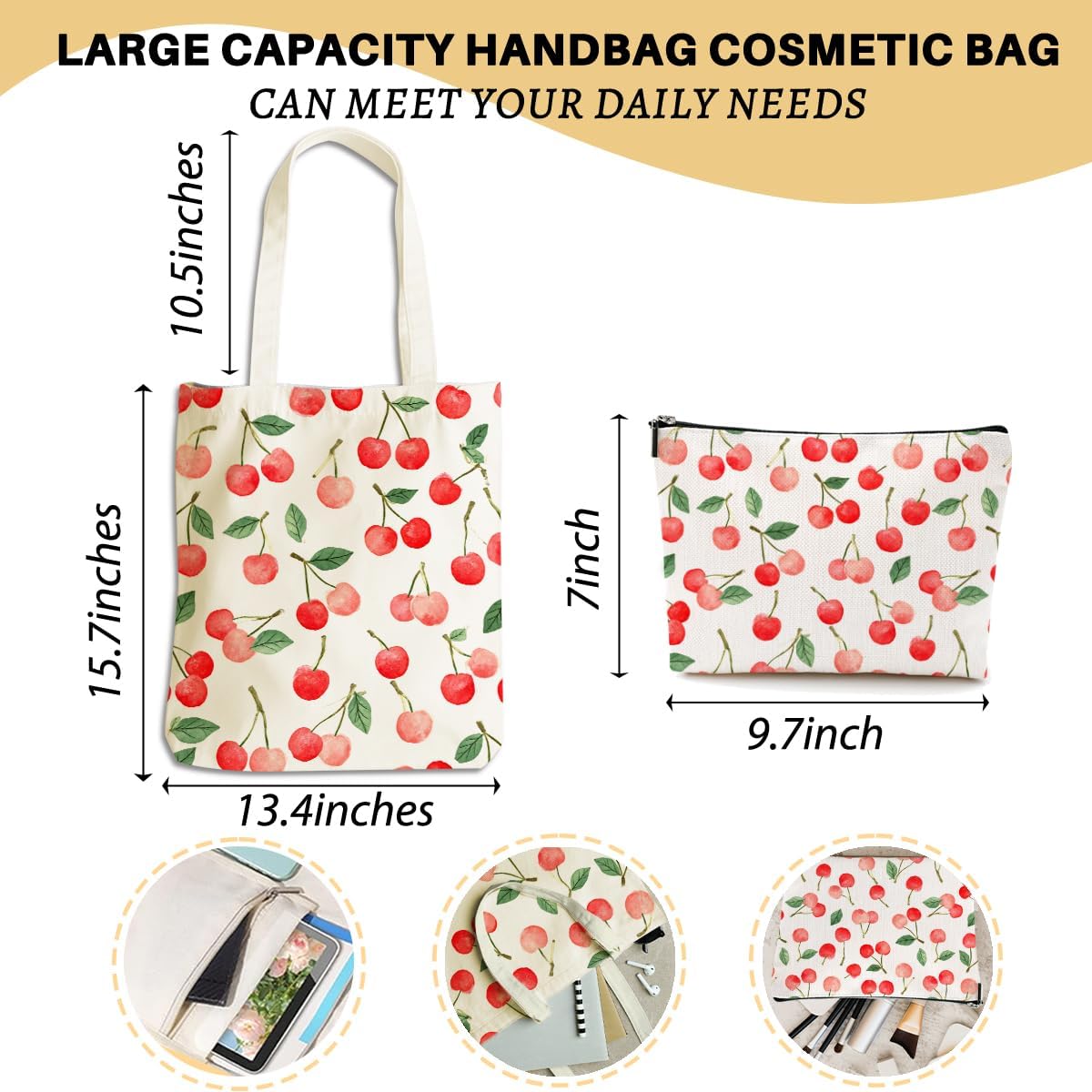 Cute Cherry Beach Bags for Women Girls Daughter Sister Grandma Fruit Lovers Birthday Christmas Nurse Boss Day Canvas Tote Bag Makeup Bag, Reusable Grocery Bags with Inner Pocket for Shopping - Image 4
