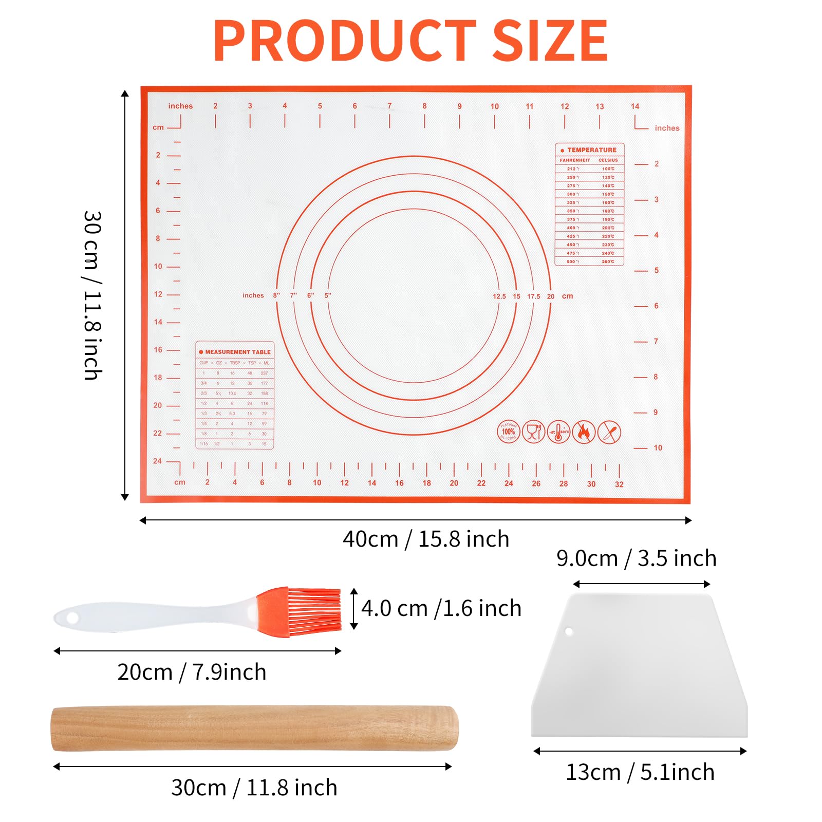 4er Set Nudelholz und Backmatte mit Backpinsel & Teigschaber, Antihaft-Silikon-Backmatte und Hölzerne Teigrolle zum Backen für Teig Brot Pizza Gebäck Plätzchen
