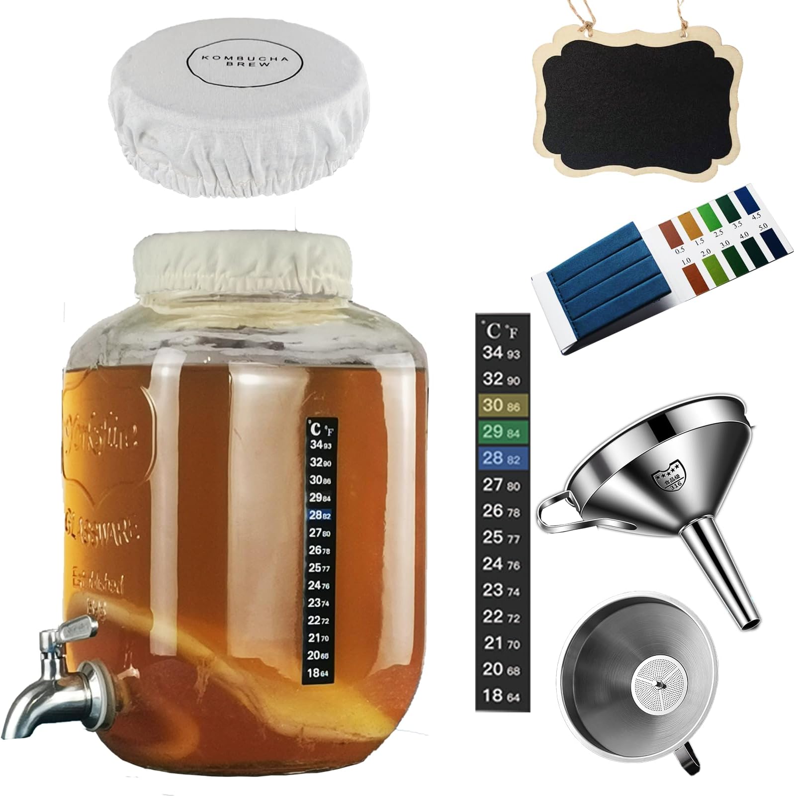 Kombucha & Jun Starter Kit - 1.3 Gallon Glass Jar With Stainless Steel Spigot Perfect for Continuous Brewing, pH Test Strips, Temperature Strip, Cloth Cover, Funnel with Filters