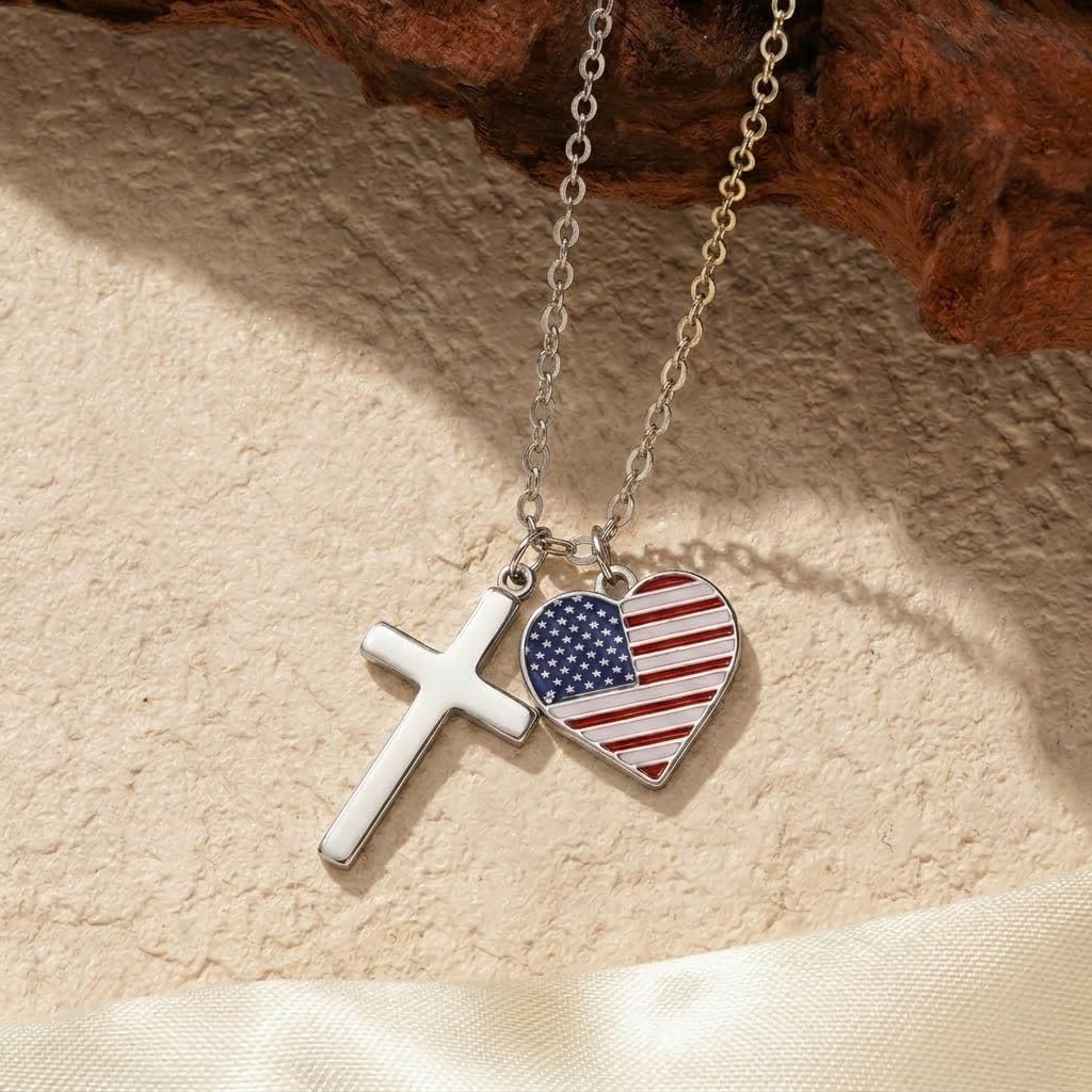 America 250th Anniversary Cross Necklace for Women Men 18K Gold Plated USA Flag Pendant Patriotic July 4th Semiquincentennial Jewelry Gift Religious Faith Christian Flag Charms