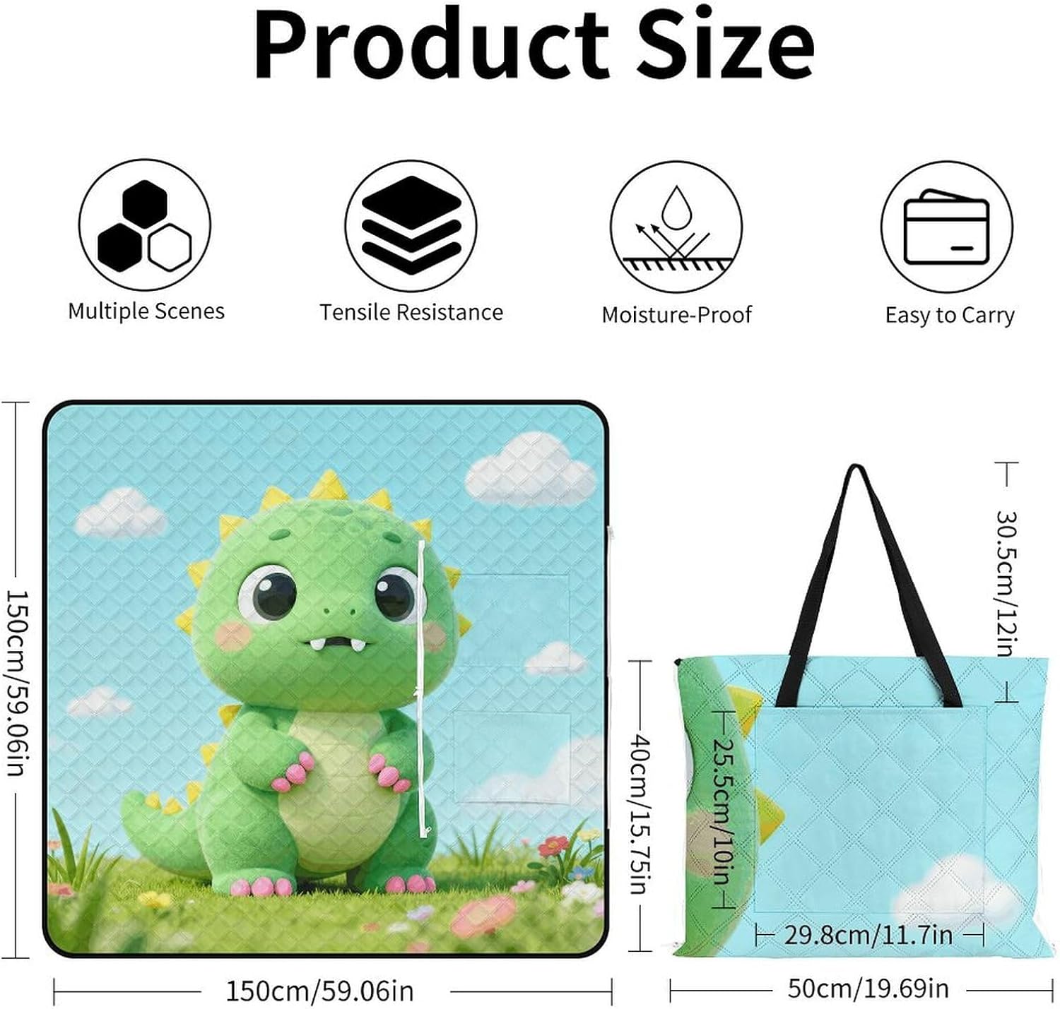Dragon in The Flowers Picnic Blanket with Zipper Water Resistant Sand Free Picnic Mat Washable Foldable Easy Carry Beach Blanket for Lawn Beach Hiking Camping