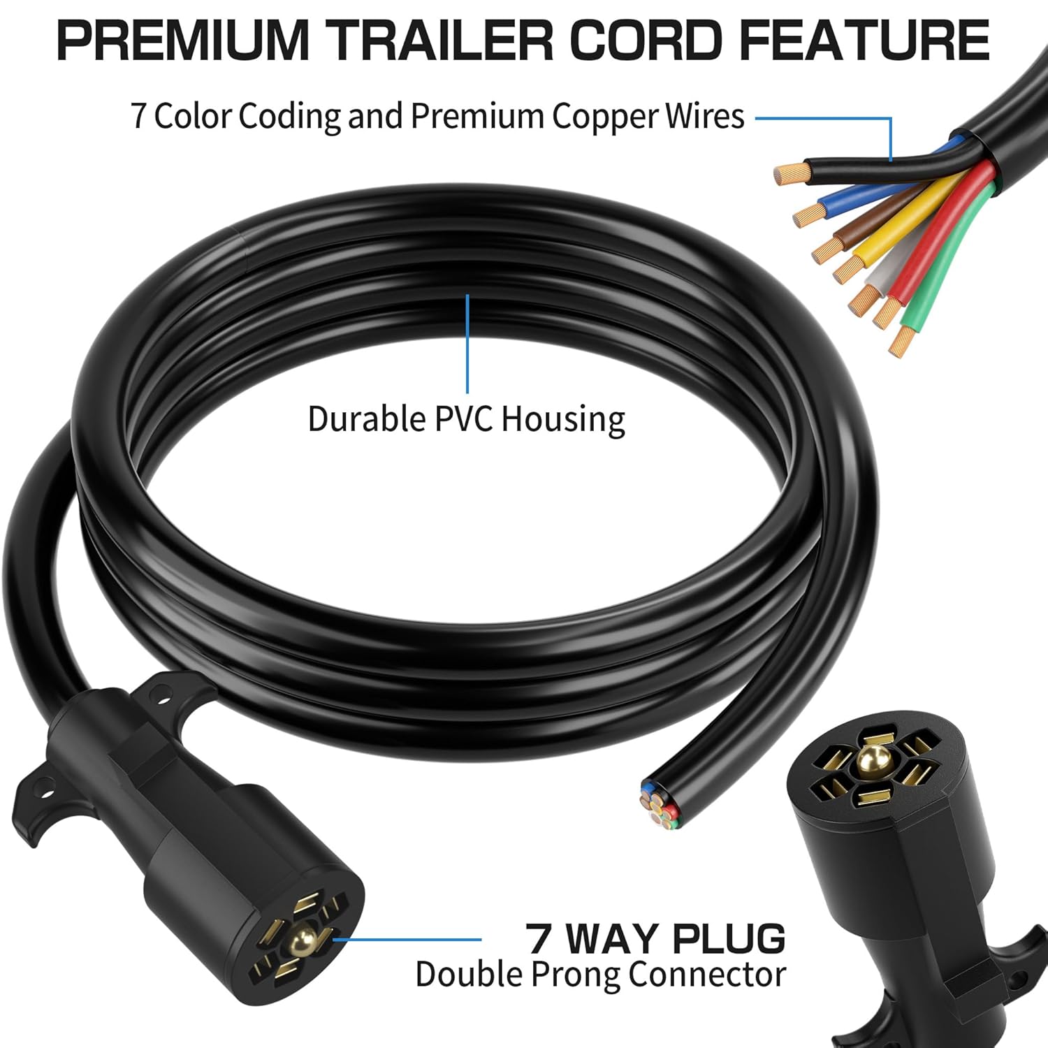 Deluwire 4 FT 7 Pin Trailer Plug, Heavy Duty Trailer Wiring Harness, 7 Way Trailer Cord with Double Prongs Connector for Trailers, RVs, Campers - Image 2