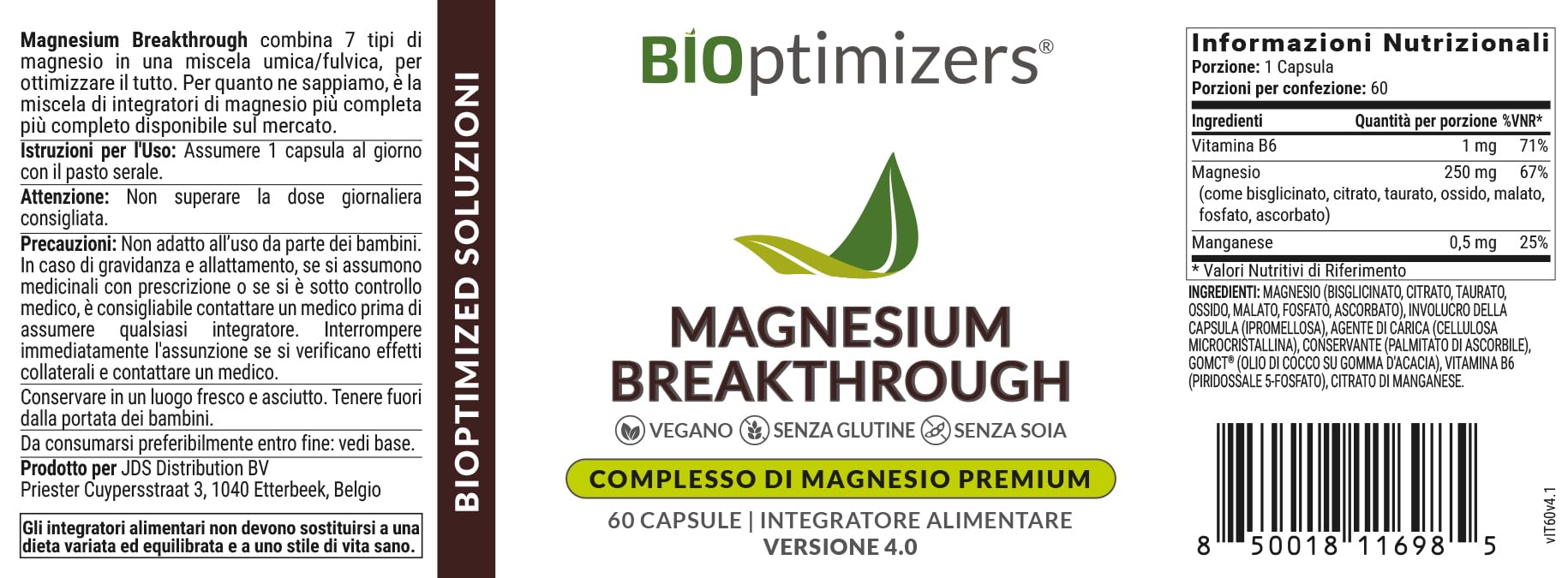 BiOptimizers Magnesium Breakthrough 4.0 Complesso 7 In 1 | 60 Capsula | Vegane – Magnesio Bisglicinato, Malato, Taurato E Citrato Di Magnesio – Per il Sonno E La Gestione Dello Stress