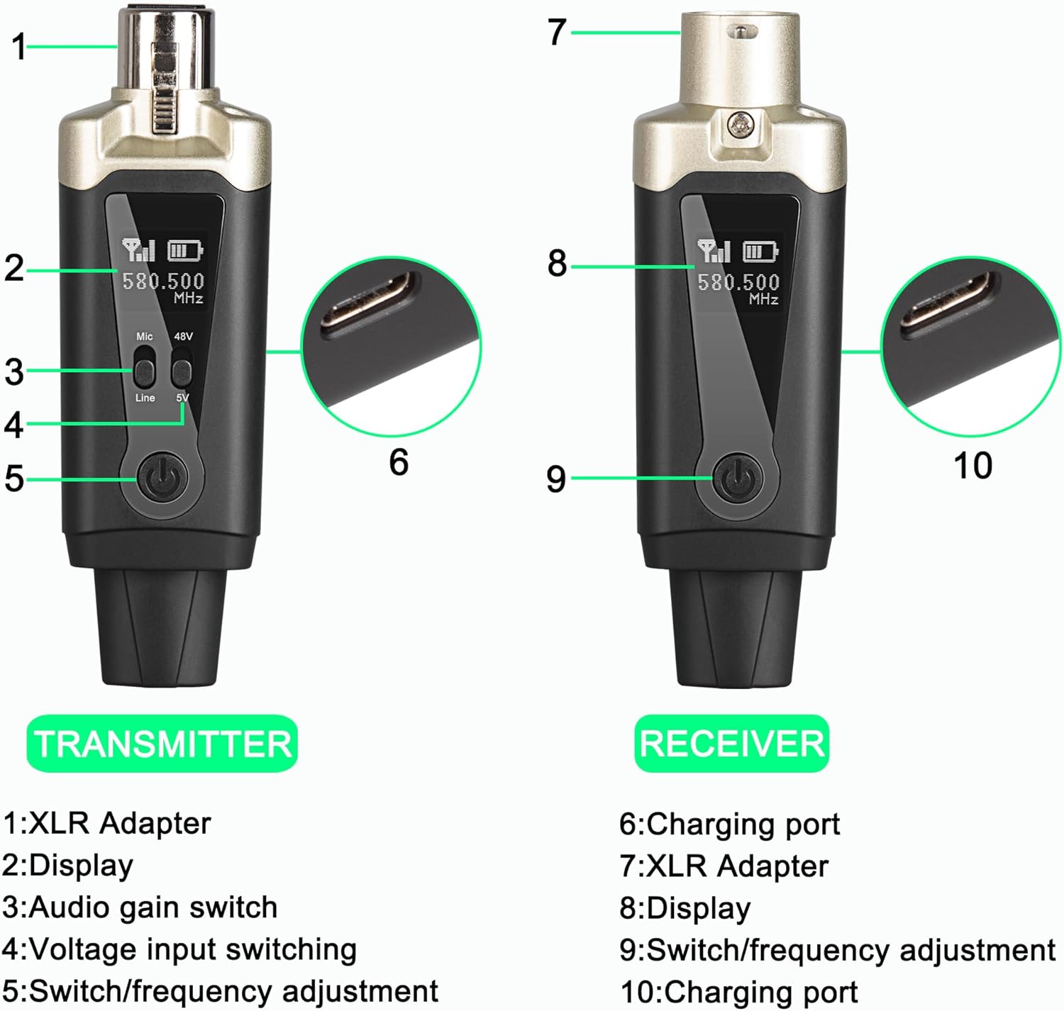 UHF Wireless XLR Transmitter and Receiver with 48V Phantom Power,Rechargeable Mic Adapter 16 Channels 196ft Range for Dynamic/Condenser Microphone,Audio Mixer,Electric Guitar/Bass