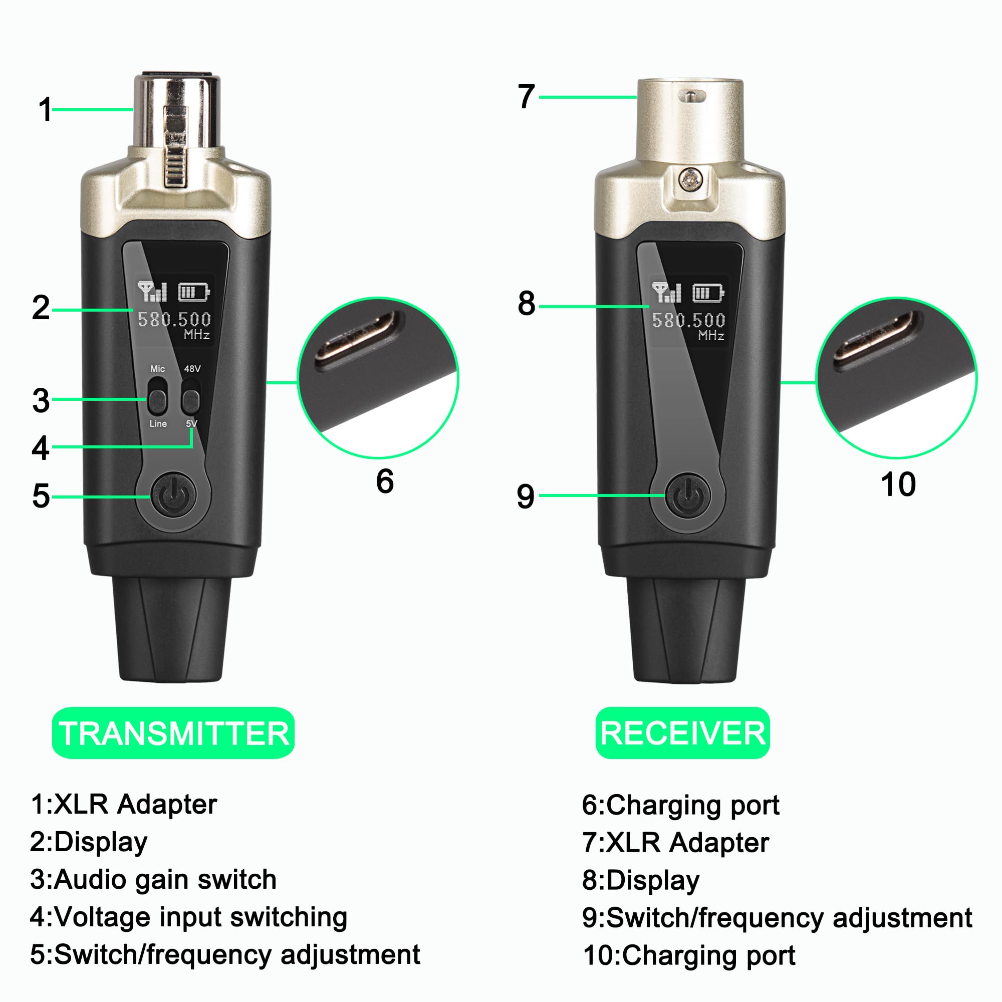 UHF Kabelloser XLR-Sender und Empfänger mit 48 V Phantomspeisung, wiederaufladbarer Mikrofon-Adapter, 16 Kanäle, 59,7 m Reichweite für dynamisches/Kondensatormikrofon, Audio-Mixer, E-Gitarre/Bass