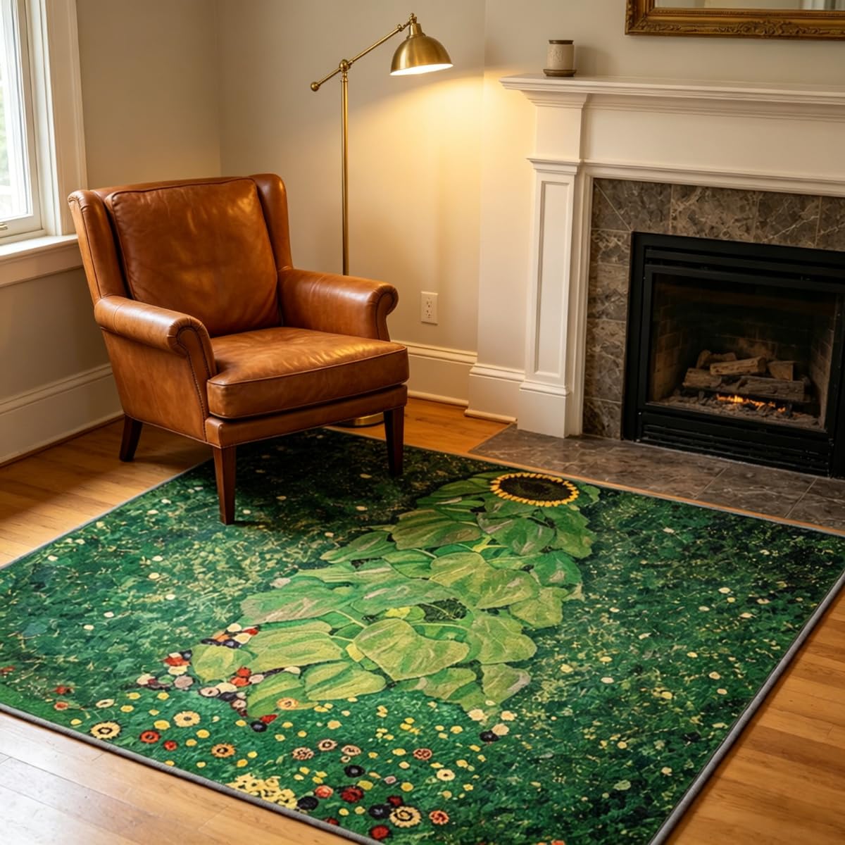 Tapis flanelle douce poil ras antidérapant style cottage floral vert