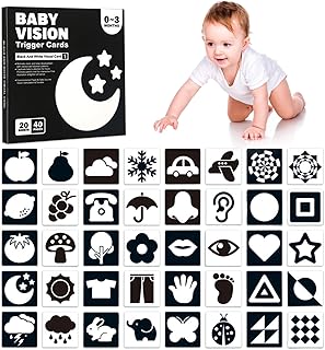 بطاقات حسية مكونة من 40 صفحة بألوان الأسود والأبيض عالية التباين من فيتشو، بطاقات فلاش على وجهين للأطفال بعمر 0-3 شهور، لوازم أساسية للتعليم المبكر والتحفيز البصري للرضع - 20 قطعة