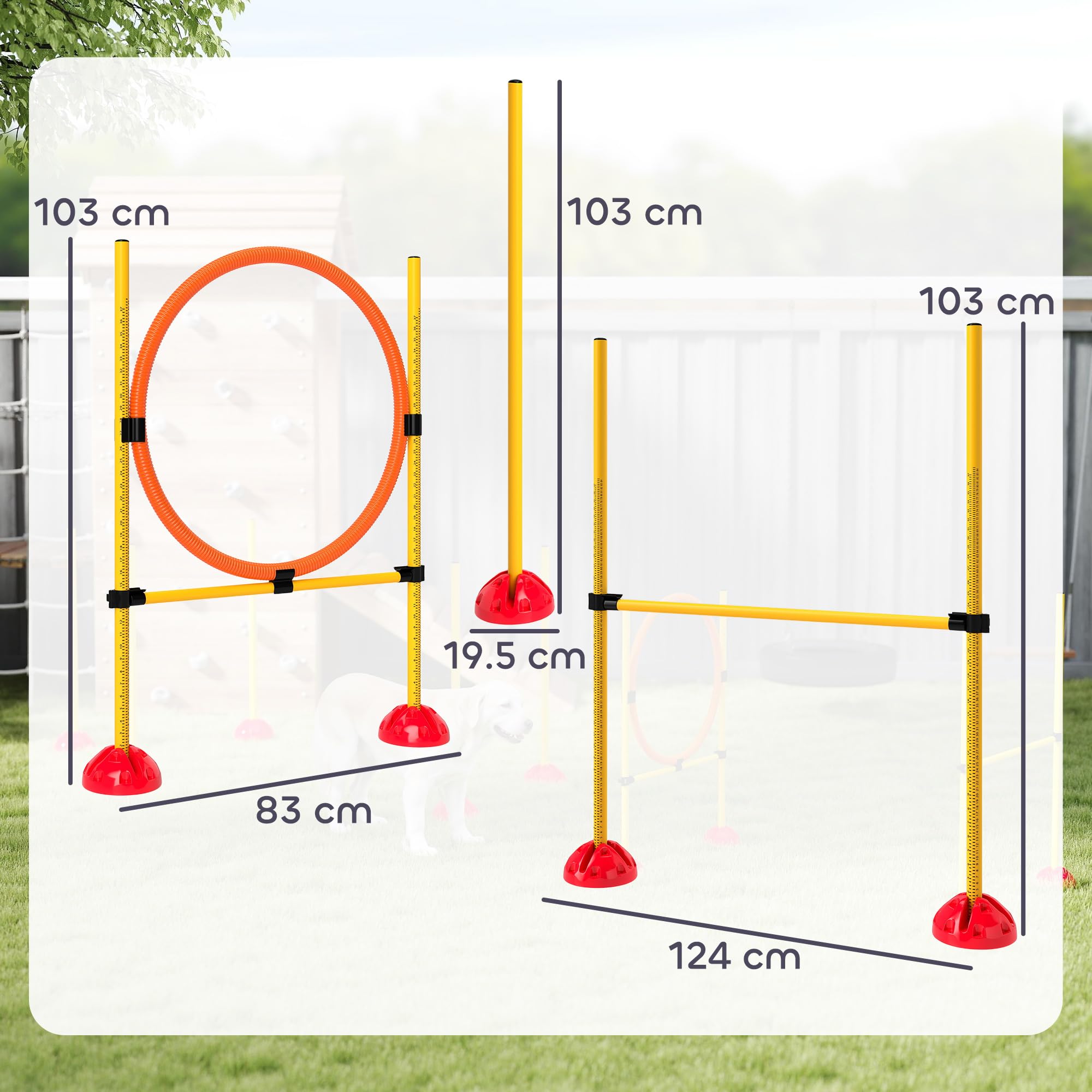 PawHut Set Agility Cani 4 pezzi riempibili per l'addestramento dei cani Set di ostacoli con pali per slalom, ostacoli regolabili in altezza, anello per il salto e la coordinazione per l'addestramento