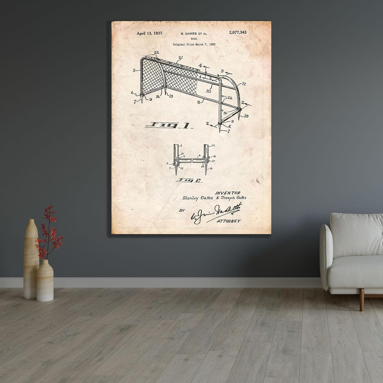 ArtDirect PP1048-Vintage Parchment Soccer Goal Patent Art Custom Framed Art Print Giclee Print or Canvas Options with Various Sizes and Customization by Borders, Cole