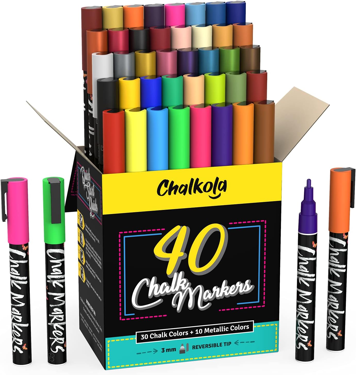 Fine Tip Chalk Markers - Pack of 40 (Neon, Classic & Metallic) Chalk Pens - For Chalkboard, Blackboard, Window, Labels, Bistro, Glass - Wet Wipe Erasable - 3mm Reversible Tip