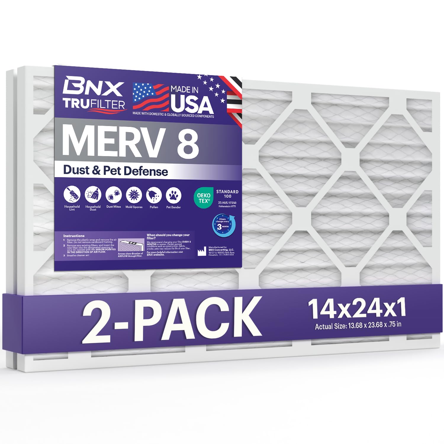 BNX TruFilter 14x24x1 Air Filter MERV 8 (2-Pack) - MADE IN USA – Dust &amp; Pet Defense Air Conditioner HVAC AC Furnace Filters for Dust, Pet, Mold, Pollen MPR 600 – 700 &amp; FPR 5