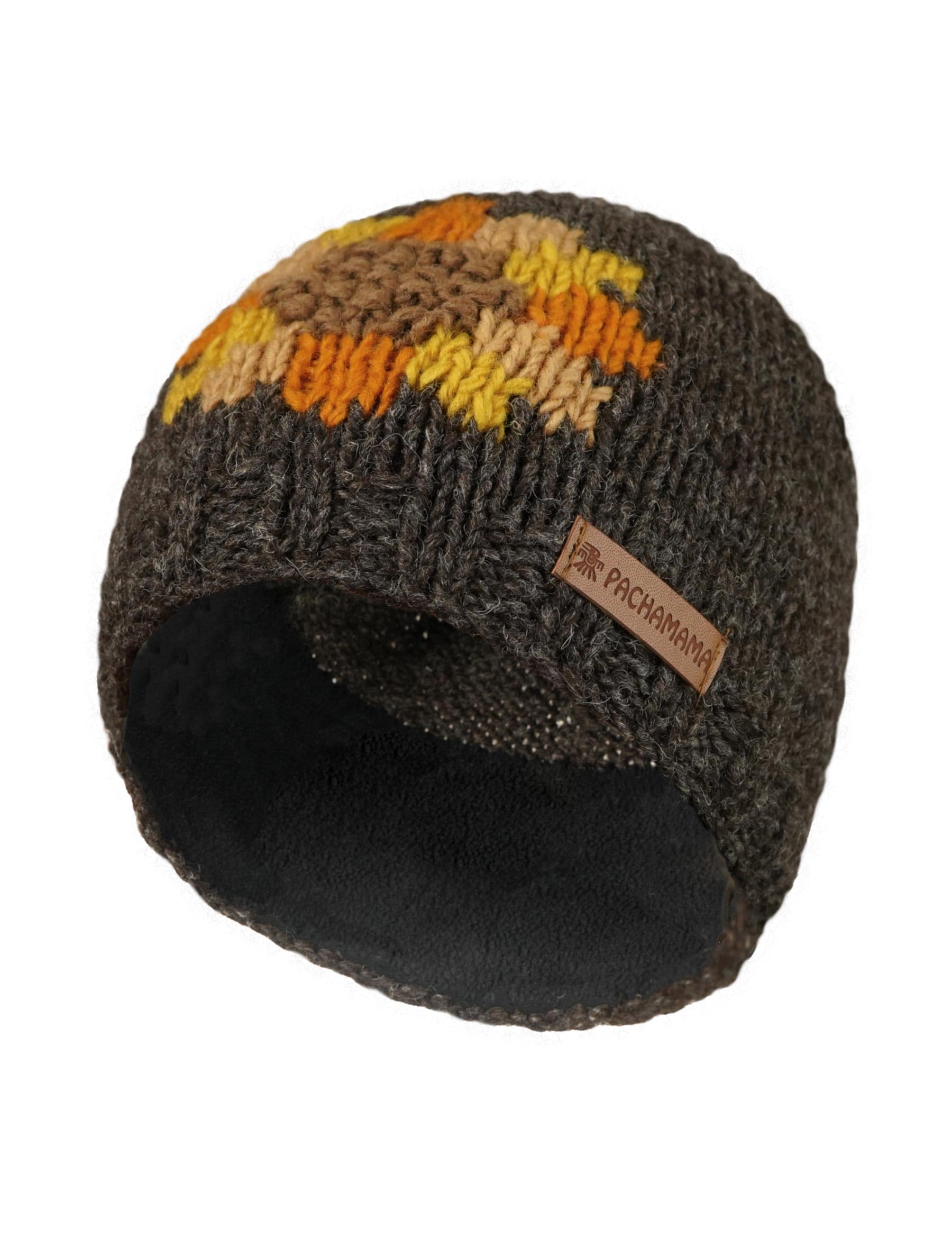 Pachamama Women Wool Beanie Hat Fleece Lined Handknitted Sunflower Design Bark One Size Handmade Extra Warm Fair Trade