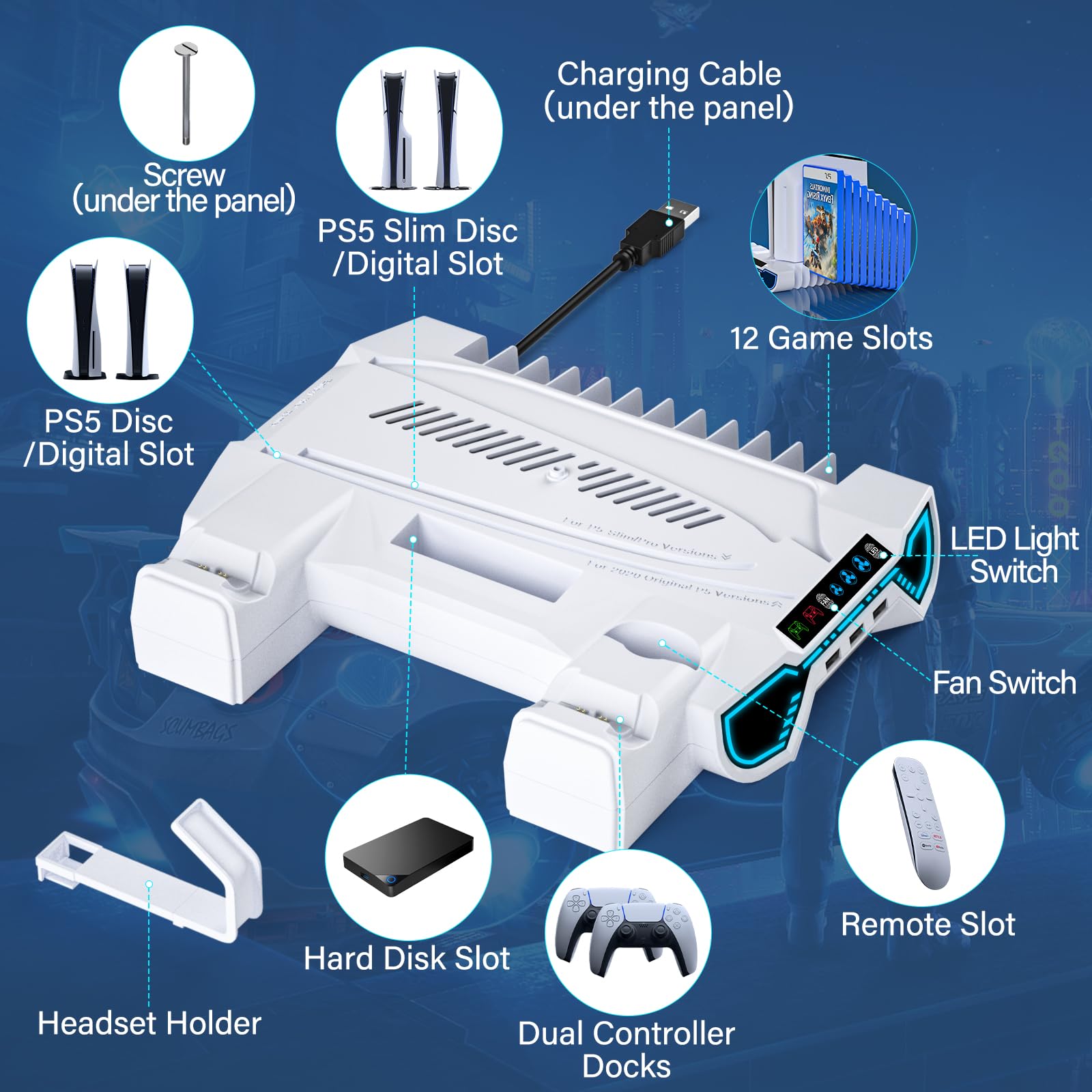 ZRZLMVP PS5/Slim/Pro Controller Stazione di ricarica per console PlayStation 5 Disc/Digital, accessori PS5 con luce RGB, stazione di ricarica del controller, 3 hub USB, bianco