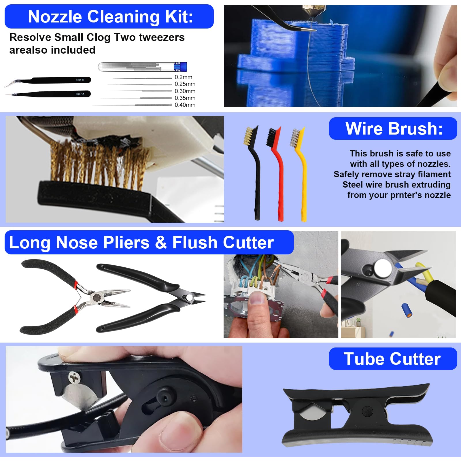 Set di attrezzi per stampante 3D, 154 pezzi, set di attrezzi per modellismo, inclusi strumenti per la pulizia, lucidatura, smontaggio, pinzette e pinze per stampante 3D