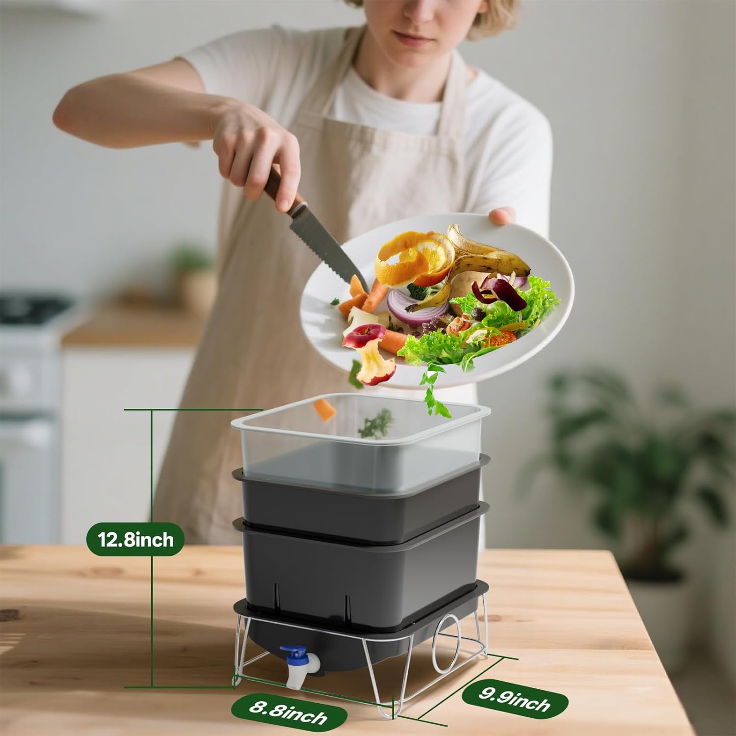 3-Tray 15L Worm Farm Composting Bin with Tool Set - Efficient Indoor/Outdoor Composter for Organic Waste Recycling, Beginner-Friendly Kit for Healthier Plants (Black)