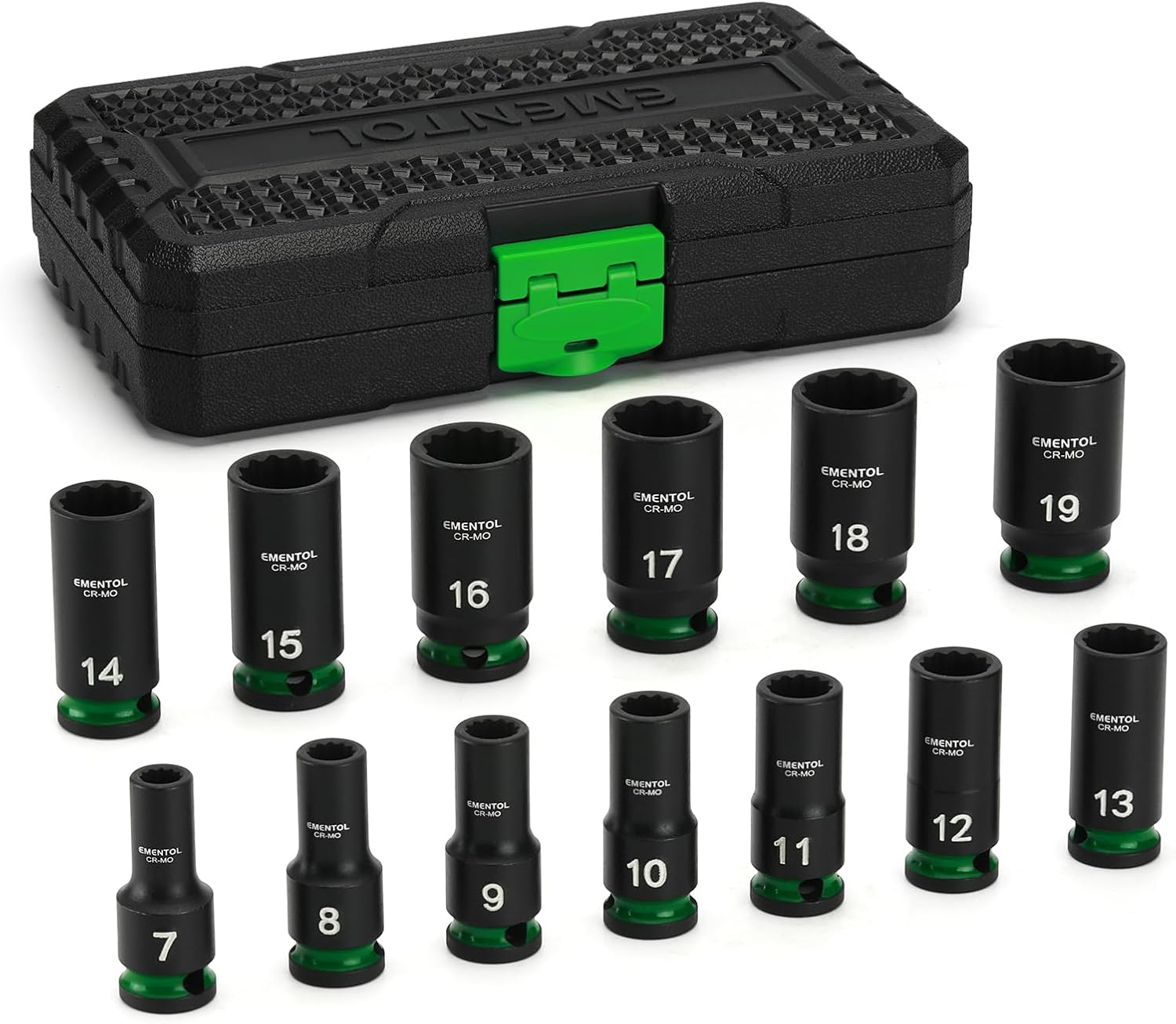 EMENTOL 3/8" Drive Impact Socket Set, Semi-Deep Sockets, 13 Pieces, Metric (7-19mm), 12 Point, CR-MO, Stamped and ink filled