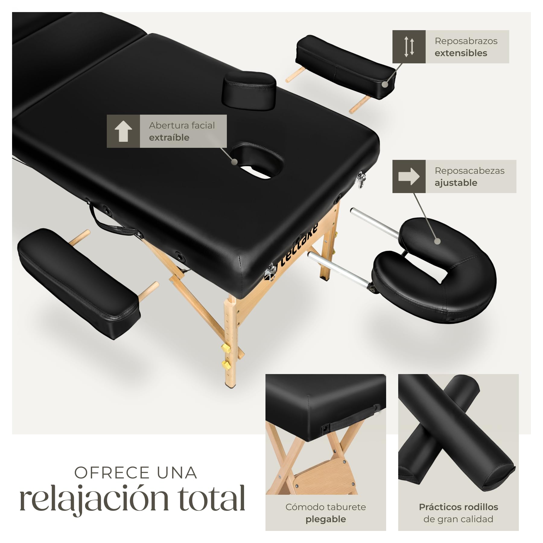 tectake® Camilla Masaje Plegable de Madera, Camilla Profesional para Fisioterapia, Quiromasaje, Tatoos, Reiki, con Taburete, Cojines y Bolsa Transporte - Negro