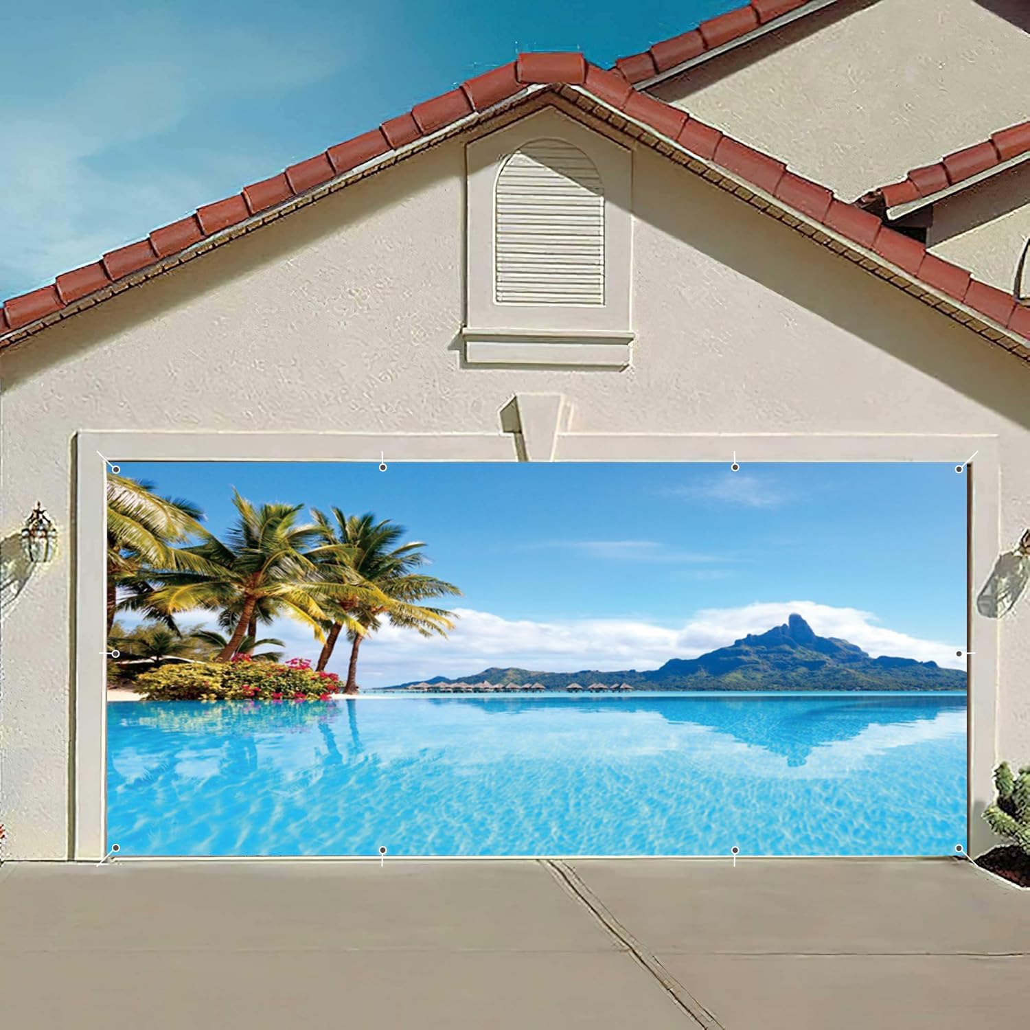 Summer Hawaiian Beach Garage Door Cover Banner Decorations Backdrop 7x16ft Large Tropical Palm Trees Ocean Blue Sky Garage Door Cover Birthday Party Wedding Outdoor Garage Door Backdrop Decorations