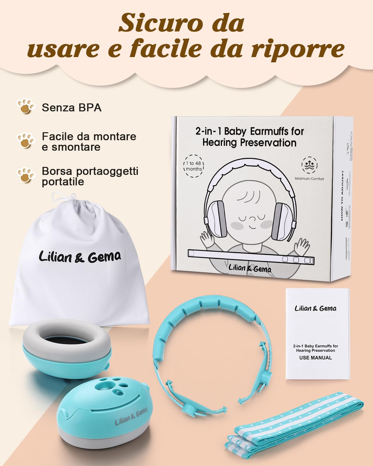 Lilian&Gema 2 in 1 Cuffie Neonato Antirumore -25dB,Protettori acustici per neonati, archetto regolabile, antiscivolo e antistress, protezione acustica ideale per neonati fino a 48 mesi