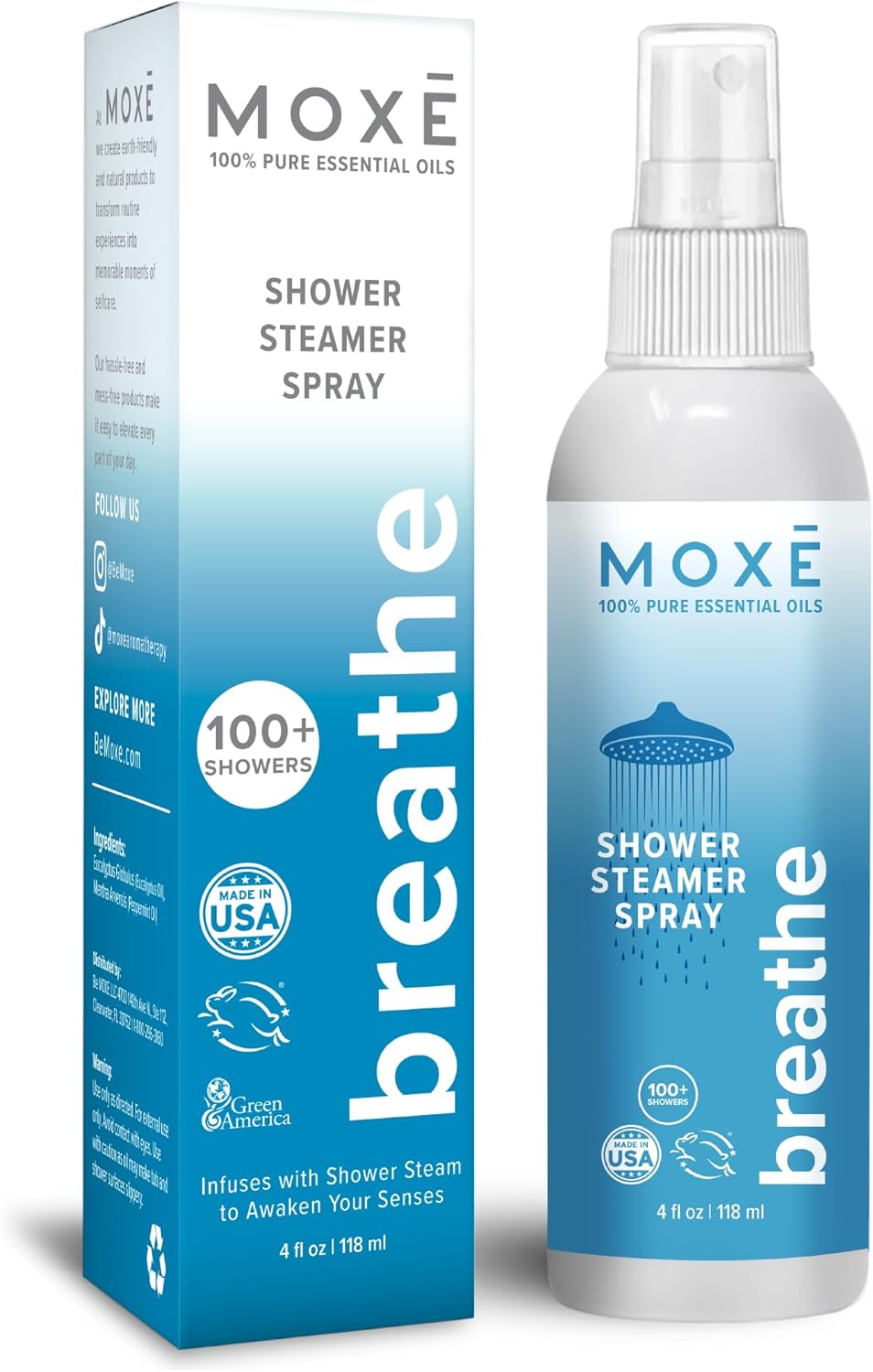 MOXE Breathe Eucalyptus & Peppermint Shower Mist - Natural Aromatherapy Steam Spray for Sinus Relief, Tension Ease & Spa Showers, 4oz USA Made