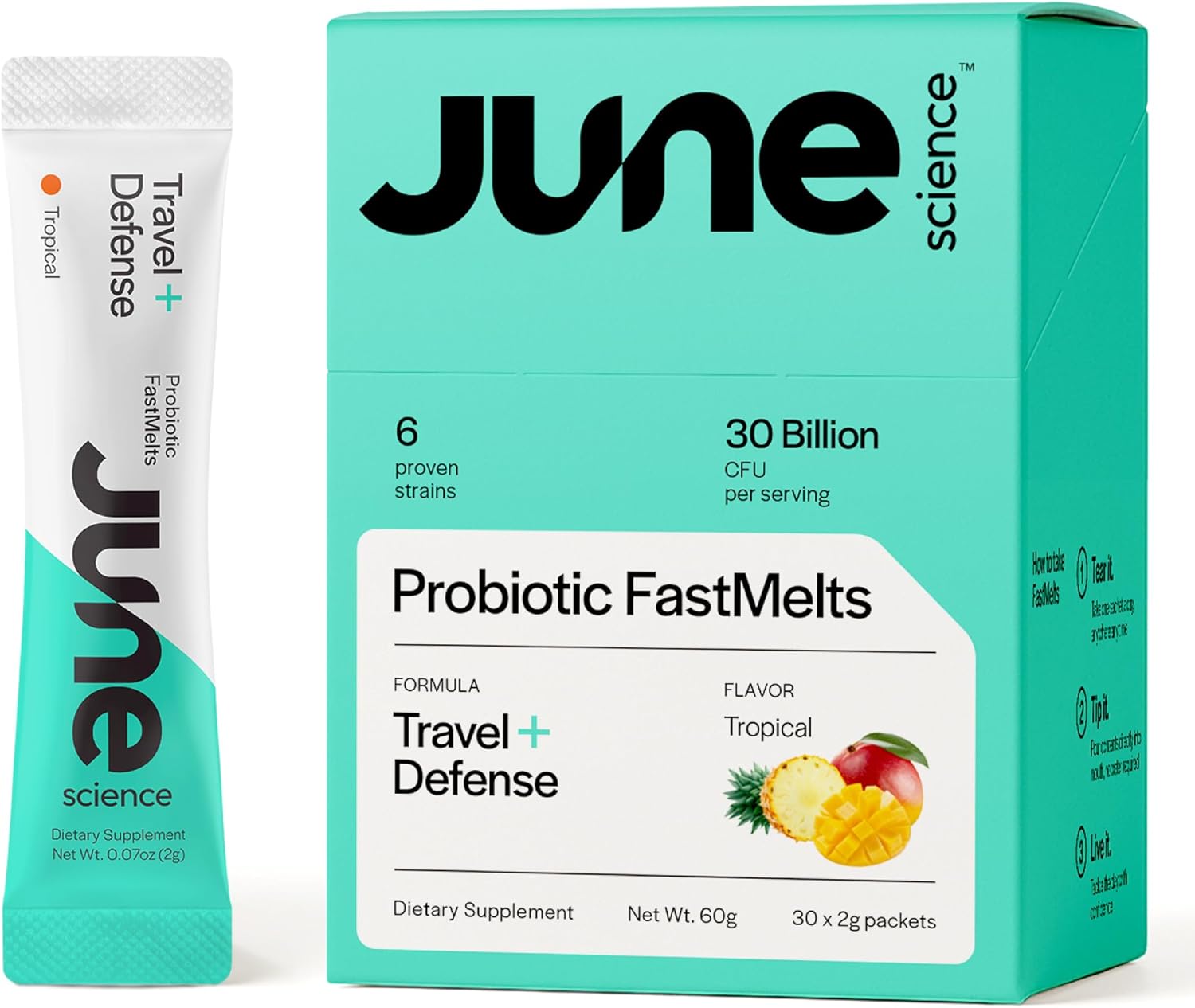 Travel + Defense | Fast Melt Pre + Probiotic for Immune Health While Traveling - Tropical Flavor, 30 Powder Sachets