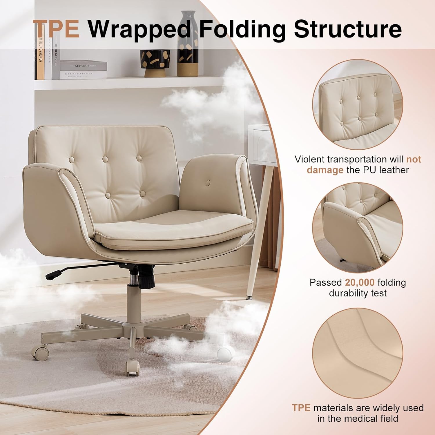 Criss Cross Office Chair with Wheels and Arms, Beige Vanity Chair with Back, Comfy Swivel Cross Legged Office Chairs for Ultimate Comfort and Support, Unique Multifunctional Stylish Arms