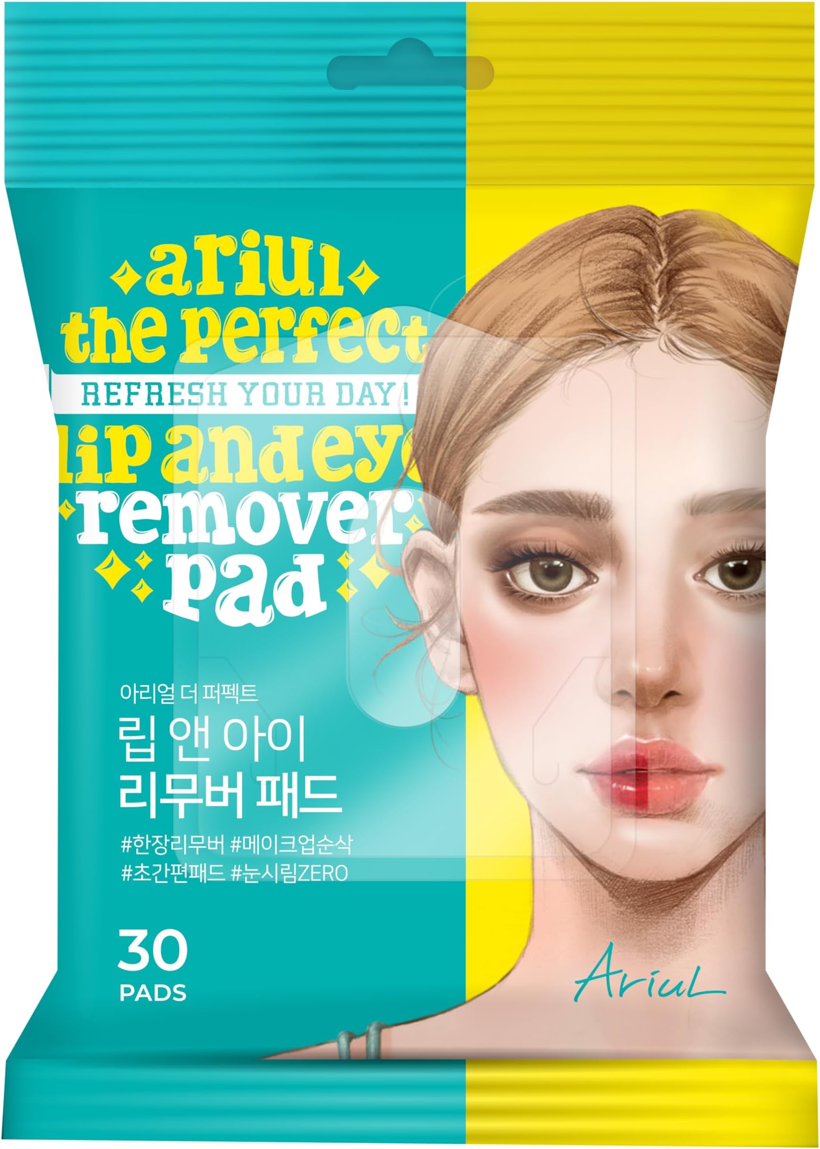 Ariul The Perfect Lip and Eye Remover Pad, Pack of 30, Makeup Remover, Wiping Lotion, Sensitive Skin, Skin Care, Makeup Remover, Pore Care, Moisturizing