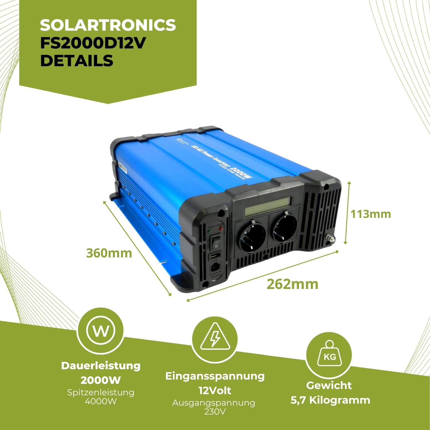 SOLARTRONICS Spannungswandler FS2000D 12V 2000 Watt mit Display - Wechselrichter 12v auf 230v - Reiner Sinus - LiFePO4/Lithium, Blei-, Gel oder AGM-Batterie kompatibel - USB - Fernbedienung optional