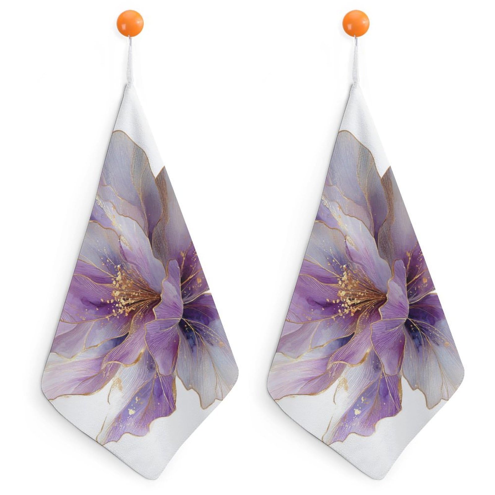 Jubonexis Abstract Watercolor Translucent Lilac Flower with Gold Small Hand Towel with Hanging Loop 2 PCS Absorbent Soft Wash Cloth for Kitchen Bathroom