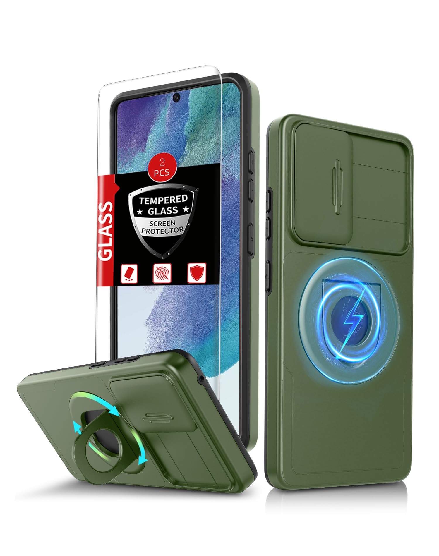 FRLMOOES for Samsung Galaxy s21 FE Case Magnetic Compatible with MagSafe Wireless Charging,with 2 Screen Protectors,Built-in Stand Ring+Camera Cover