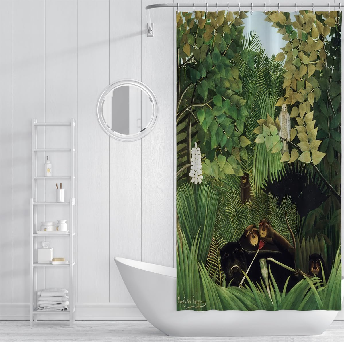Rideaux Douche mystiques en Jungle forêt Tropicale rêveuse avec singes et Verdure décoration Salle Bain Rideau Bain en Tissu Polyester Exotique avec Crochets W150xL200 cm