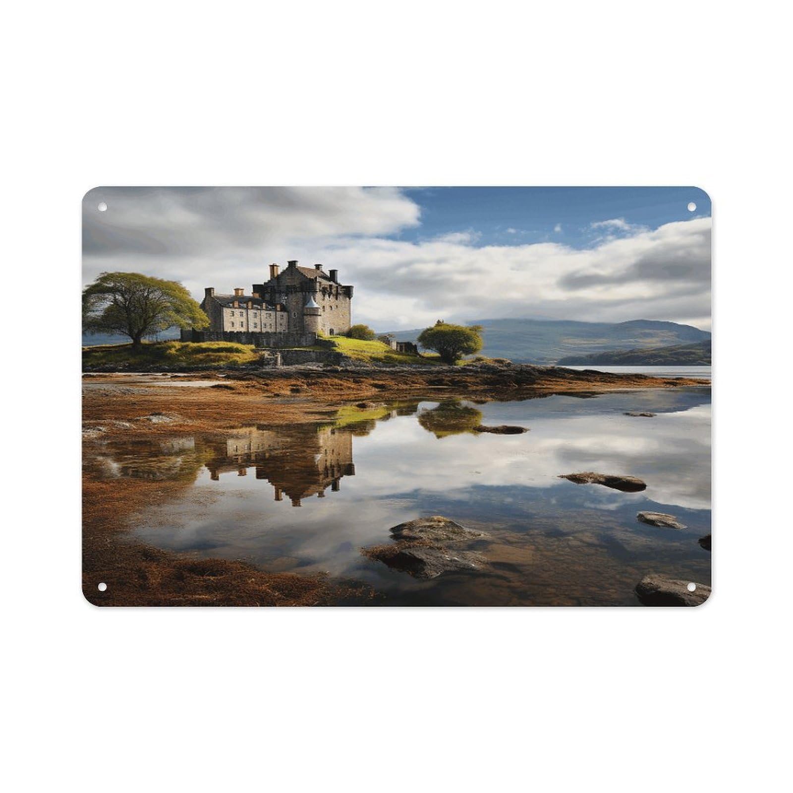 VstaDank Metal Aluminum Scotland Castle Water Lake Scottish Sign Wall Decor Vintage Metal Sign Plaque Boho Wall Hanging Decor Sublimation Picture Panel Personalized Plaque Poster 8x12in
