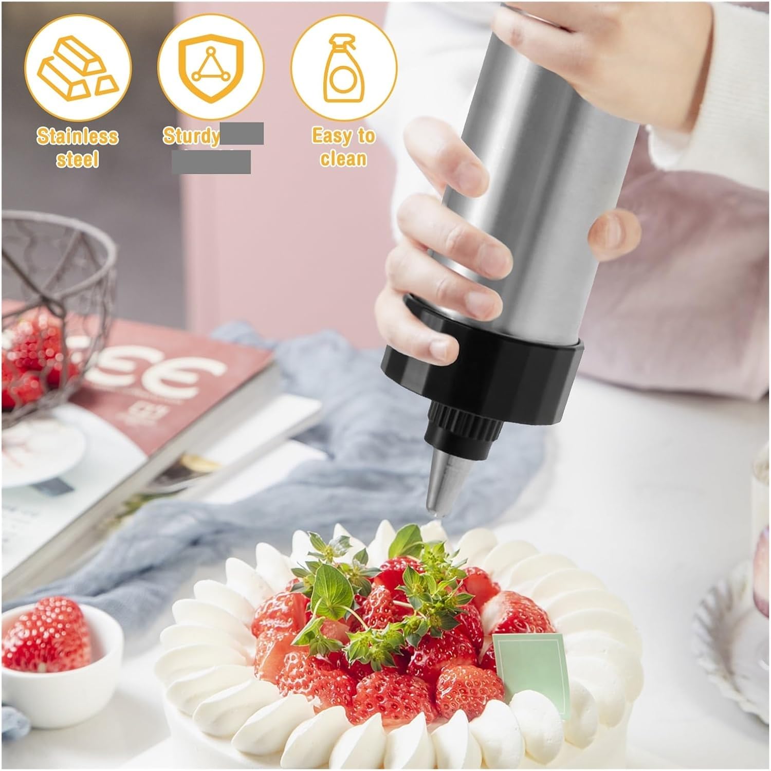 Fit for Stainless Steel Cookie Press Gun Kit - Manual Churros Maker & DIY Pastry Syringe Extruder with Nozzles for Cream and Biscuit Making(Style 3)