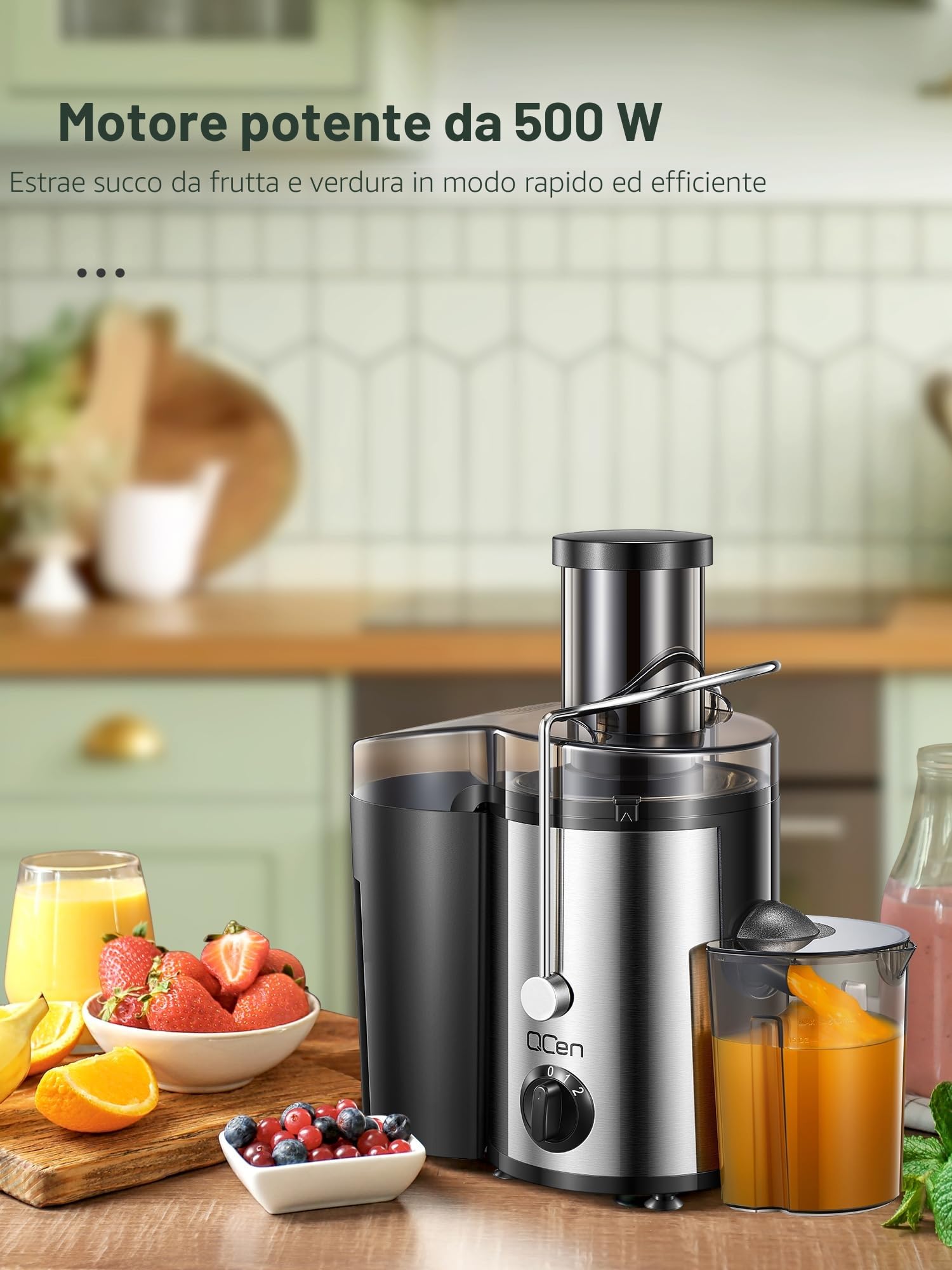 QCen Spremiagrumi, centrifuga con vano di riempimento da 3 pollici, facile da pulire, in acciaio inox, senza BPA, ideale per frutta e verdura (Argento, 500W)