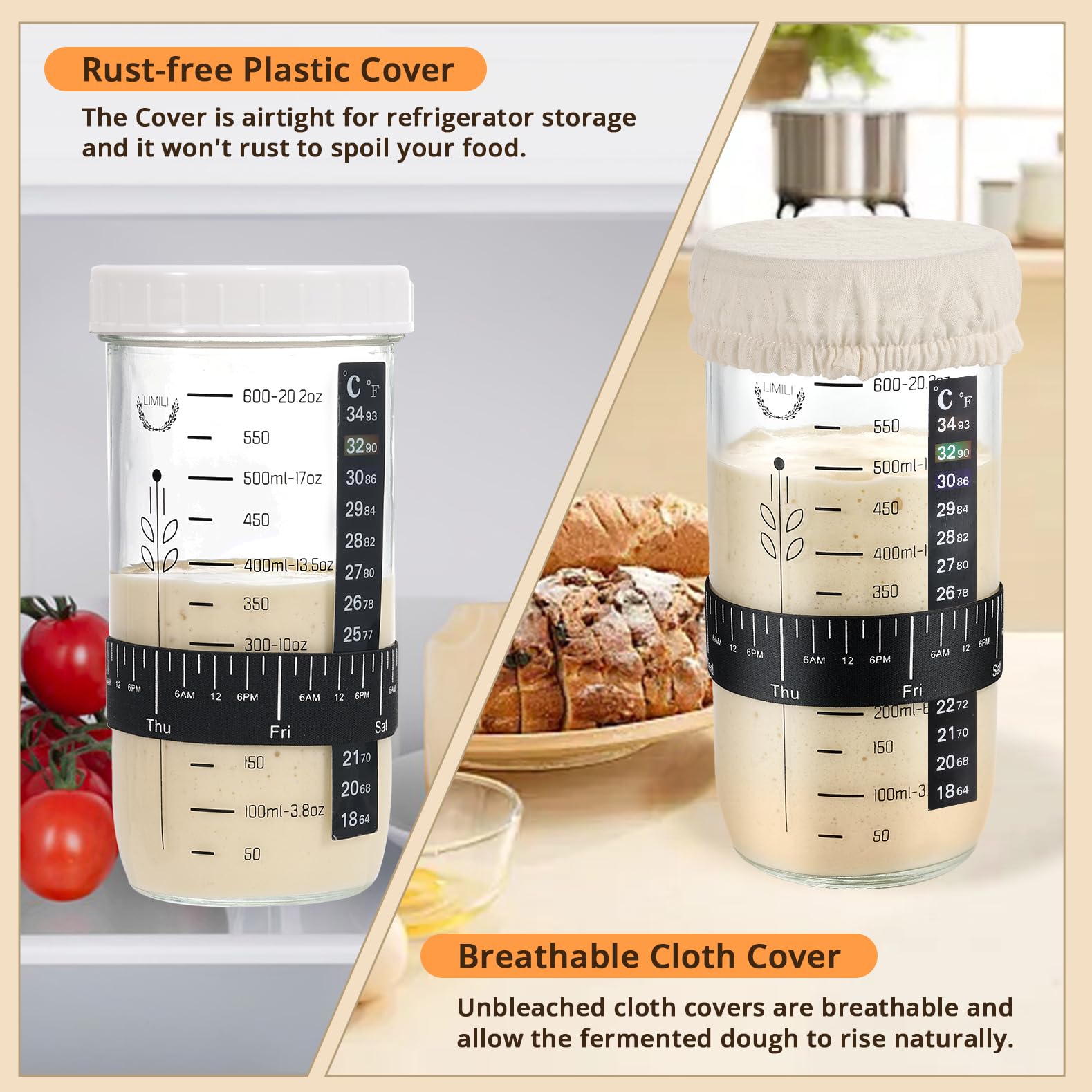 Starter Kit Per Lievito Naturale - Barattolo In Vetro 750 Ml A Bocca Larga, Con Coperchi Ermetici E Accessori Per Pasta Madre