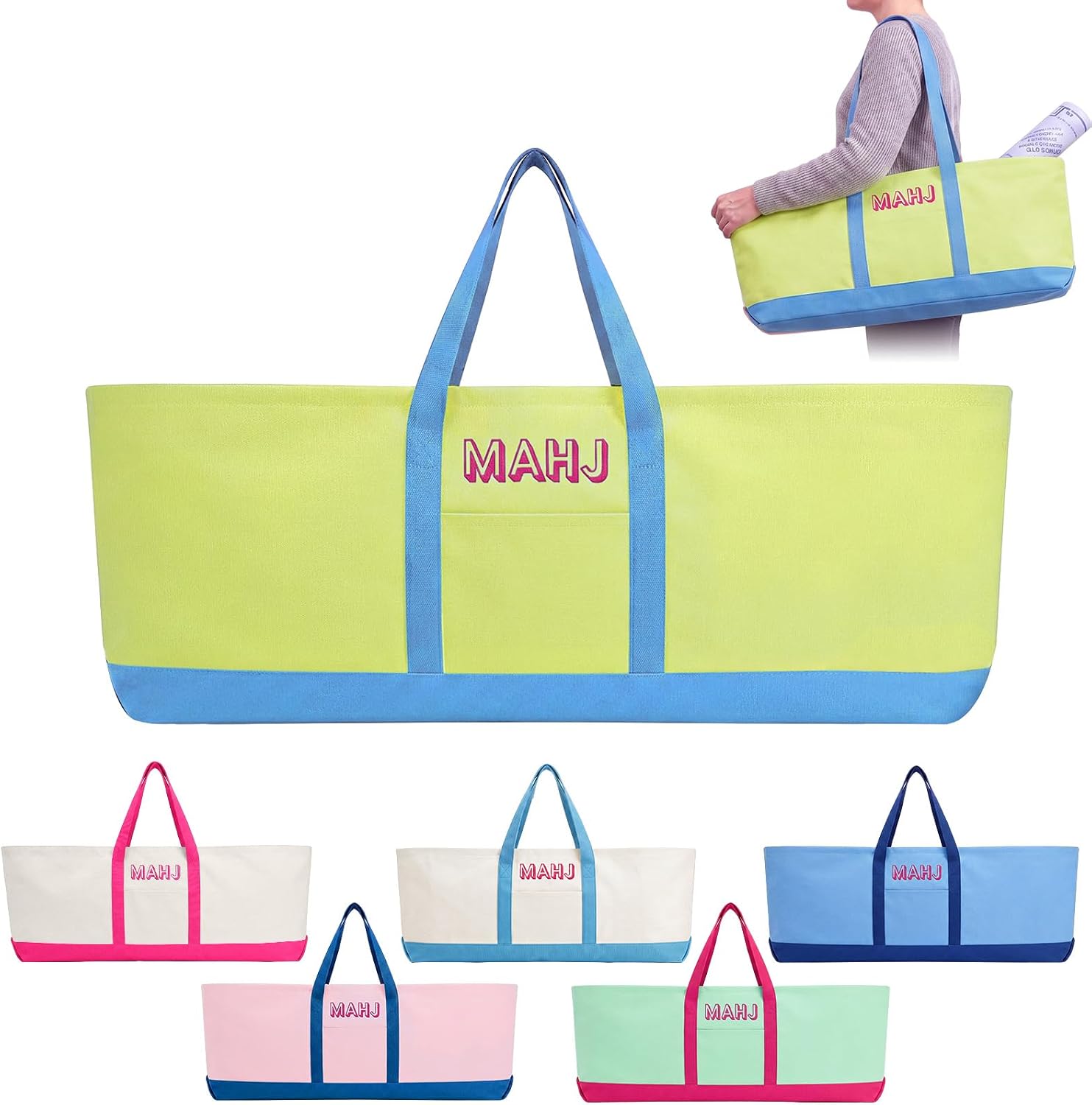 Mahjong Bag for Tiles and Racks Empty American Mahjong Tiles Carrying Tote 31.5 x 12 x 4 Inch Canvas Tile Game Accessory Gift for Pusher Rack Mat, Case Only(Blue and Lime Green,Classic)