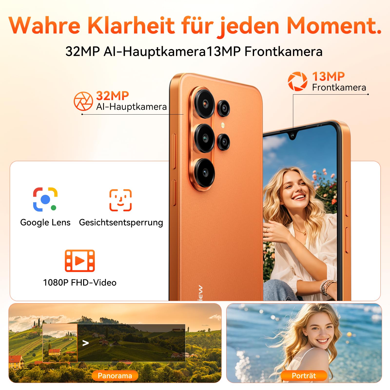 Blackview Wave 10C Handy Ohne Vertrag, 6,88" HD+ IPS Android 16 Smartphone, 16GB+32GB/1TB,32MP+13MP, 5000mAh,4G Dual SIM Smartphones,Face ID/GPS/OTG/3.5mm/3 Jahre Garantie, Schwarz