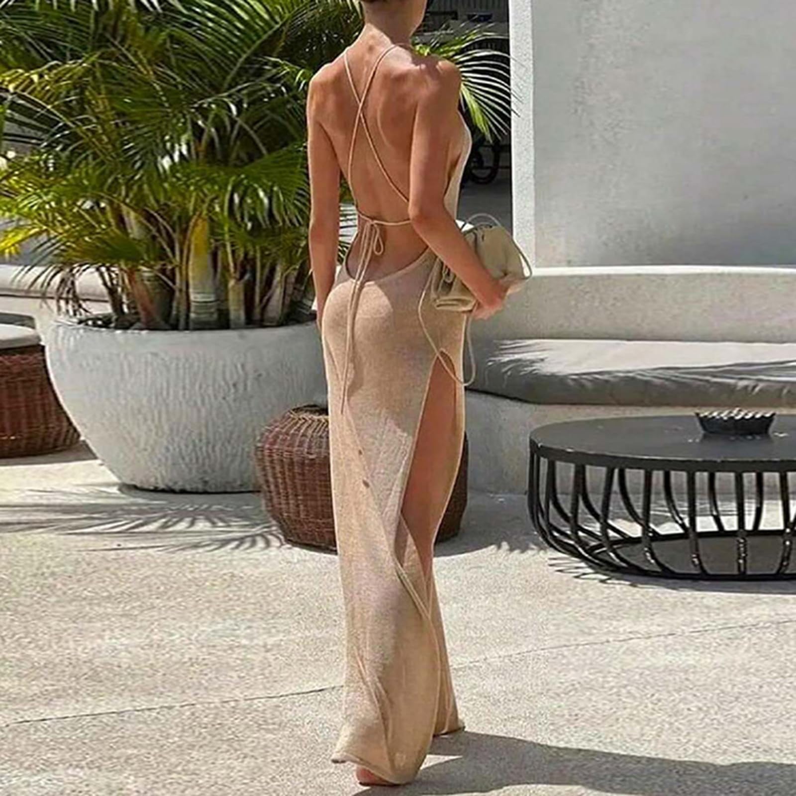 Damska letnia sukienka na wakacje na plaży Halter Neck Tie Backless Podwójna dzianinowa sukienka maxi z wysokim rozcięciem