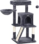 Feandrea Cat Tree, Small Cat Tower with Widened Perch for Large Cats Indoor, Kittens, 96 cm Multi-Level Cat Condo, Scratching Posts and Ramp, 2-Door Cat Cave, Cat Basket, Smoky Gray UPCT51G