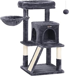 Feandrea Cat Tree, Small Cat Tower with Widened Perch for Large Cats Indoor, Kittens, 96 cm Multi-Level Cat Condo, Scratching Posts and Ramp, 2-Door Cat Cave, Cat Basket, Smoky Gray UPCT51G