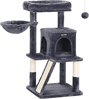 Feandrea Cat Tree, Small Cat Tower with Widened Perch for Large Cats Indoor, Kittens, 37.8-Inch Multi-Level Cat Condo with Scratching Posts and Ramp, 2-Door Cat Cave, Cat Basket, Smoky Gray UPCT51G