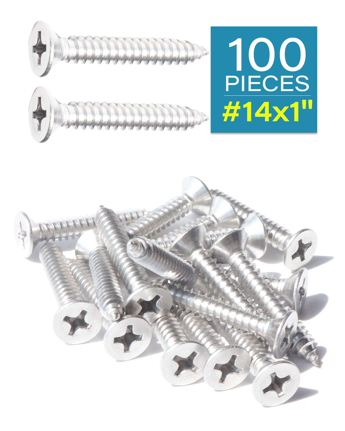 100pcs #14 x 1 (25mm) Stainless Flat Head Phillips Wood Screws 18-8 (304) Stainless Steel Countersunk Self Tapping Screws