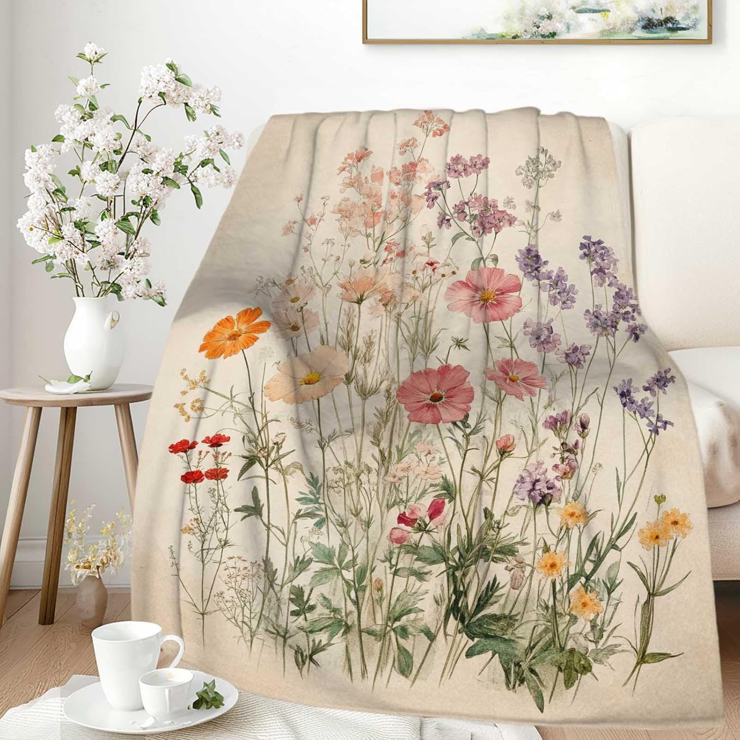 Vintage Botanical Floral Blanket, Soft and Lightweight Throw Blanket, Rustic Pastel Wildflower Design for Couch, Bed, or Office, Cozy Decorative Gift for Women and Nature Lovers, 80"x60"