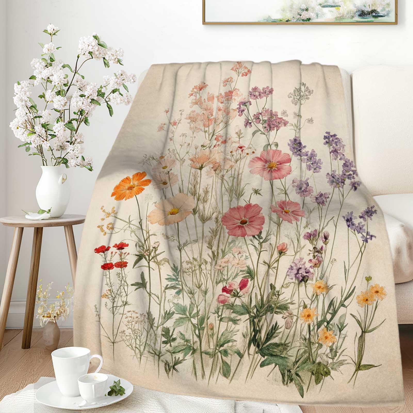 VronTaliy Vintage Botanical Floral Blanket, Soft and Lightweight Throw Blanket, Rustic Pastel Wildflower Design for Couch, Bed, or Office, Cozy