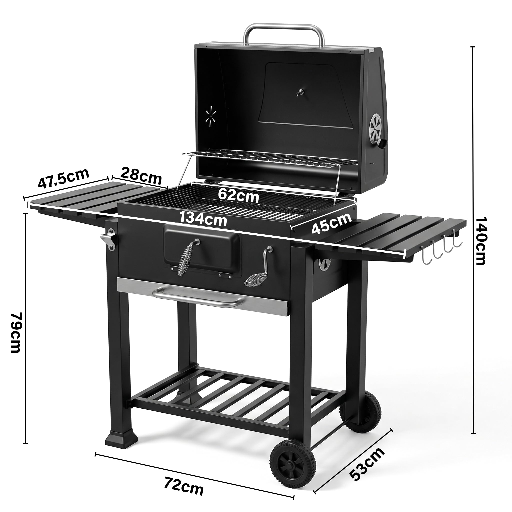 Barbecue Grill, Outdoor XXL Portable Charcoal BBQ Smoker with 2 Foldable Side Tables, Built-in Thermometer - Image 2