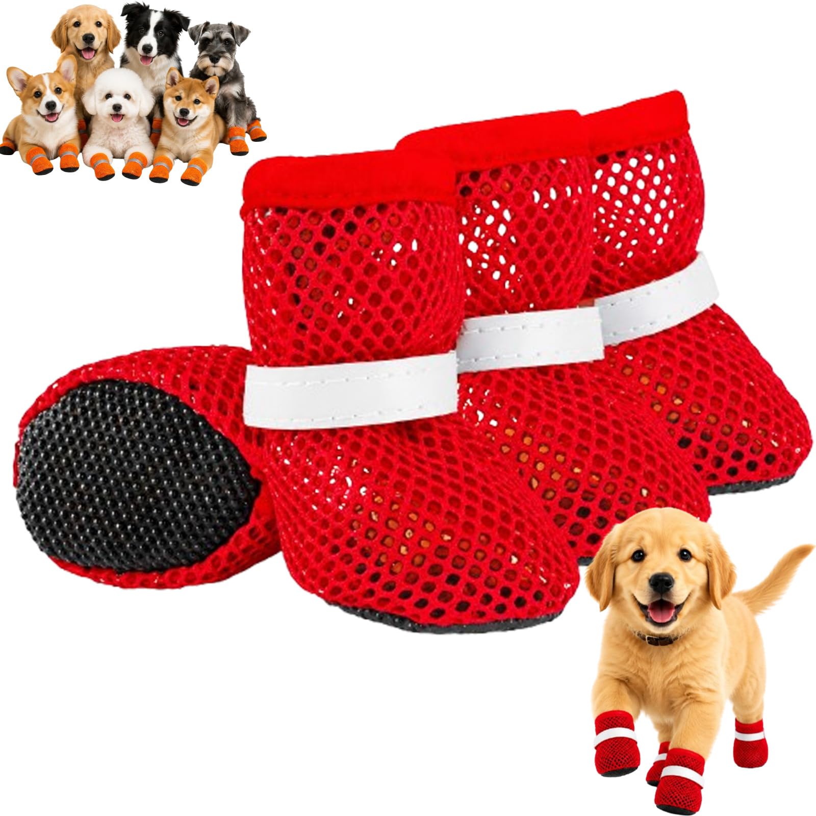 Summer Mesh Dog Shoes, Light Dog Boots, Breathable Mesh Upper, Anti Slip Sole, Reflective Straps, Paw Protection Fit，Red：L
