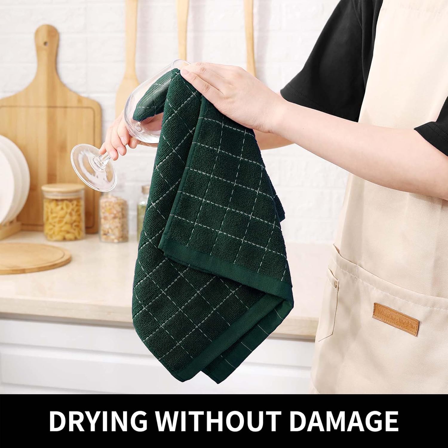 Homaxy Kitchen Towels and Dishcloths Set, 12 x 12 and 13 x 28 Inches, Set of 8 Bulk Cotton Terry Kitchen Towels Set, Checkered Designed, Soft and Super Absorbent Dish Towels, Blackish Green