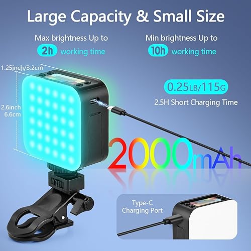 Miniatura 5 de UTEBIT Luz de video LED magnética, luz recargable para selfie de 2000 mAh, clip portátil y cabeza de bola de trípode para computadora, cámara,