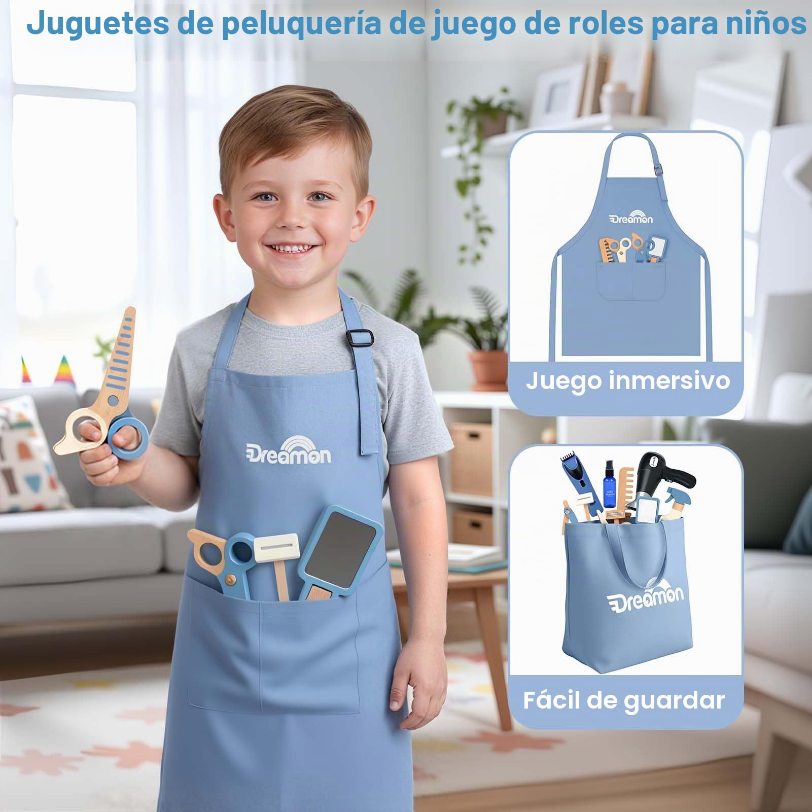 Dreamon Set de Peluquería Infantil de Madera, con Secador de Pelo Maquinilla de Afeitar Barba Postiza Delantal y Bolsa de Almacenamiento Regalo para Niños de 3 4 5 6 Años
